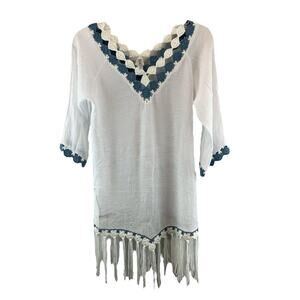 MT Collection Womens Beach Cover Up Dress One Size White V-Neck Crochet Tassel